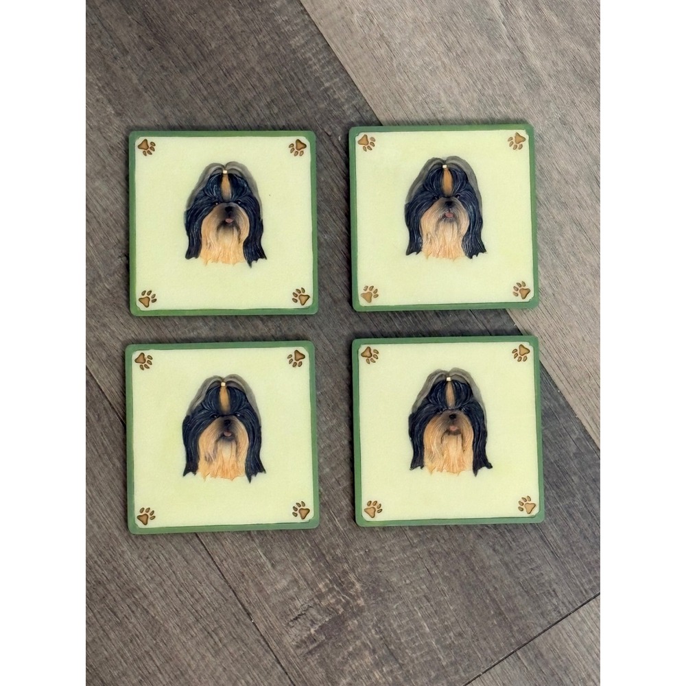 Vintage Shih Tzu Dog Breed Resin Coasters Set of 4 Cork Backed Green Cream 4in